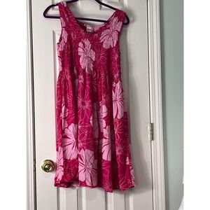 Pineapple Isle Pink Tropical Hibiscus Floral Smocked Midi Dress Womens Size Smal